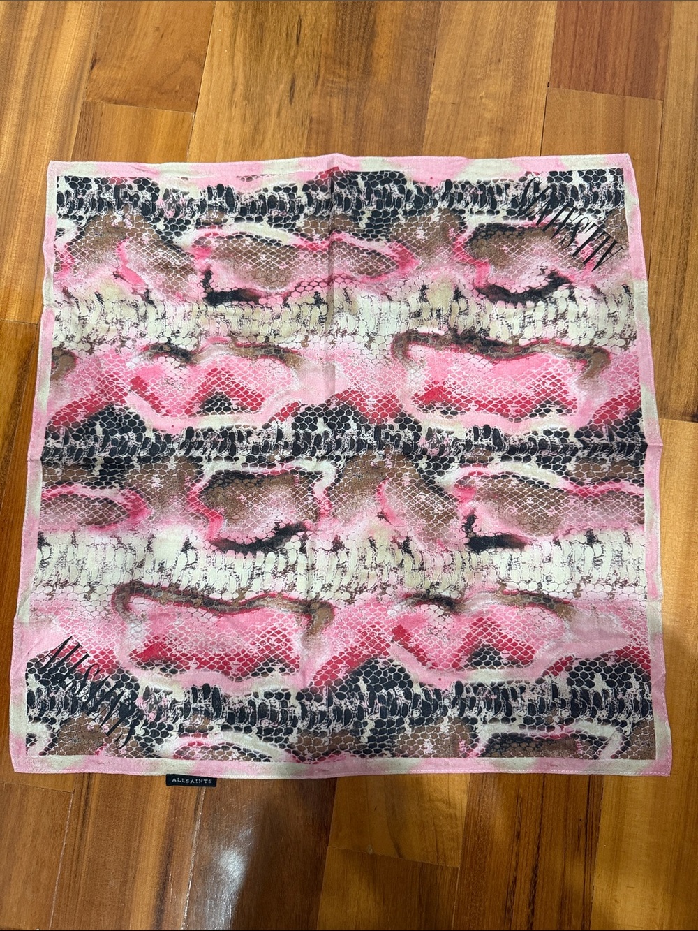 AllSaints pink snakeskin-print silk bandana scarf